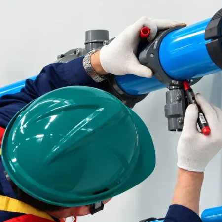 Teal-Hat Technician Assembles Blue Pipes