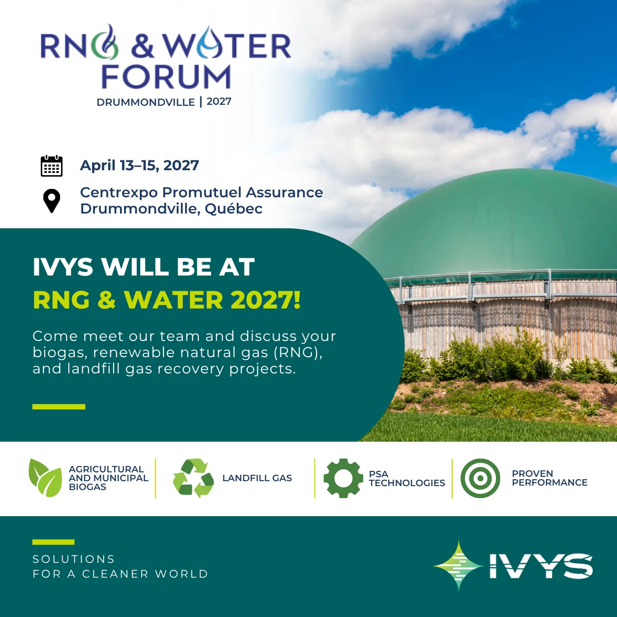 IVYS at RNG & Water Forum 2027 in Drummondville, showcasing biogas, RNG, landfill gas recovery, and PSA technologies.