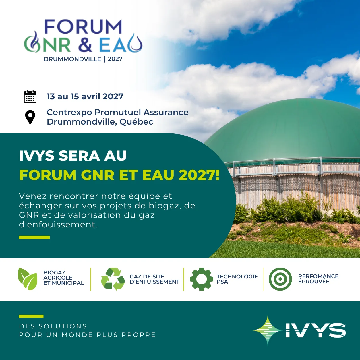 IVYS at RNG & Water Forum 2027 in Drummondville, showcasing biogas, RNG, landfill gas recovery, and PSA technologies.