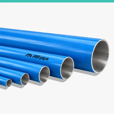 AIRpipe blue aluminum compressed air piping available in multiple diameters, featuring a durable blue exterior and metallic interior, displayed on a clean white background. Fournissez vos commentaires sur BizChat
